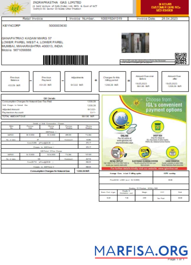Printable Indraprastha Gas Limited (IGL)utility business bill, SCR sample